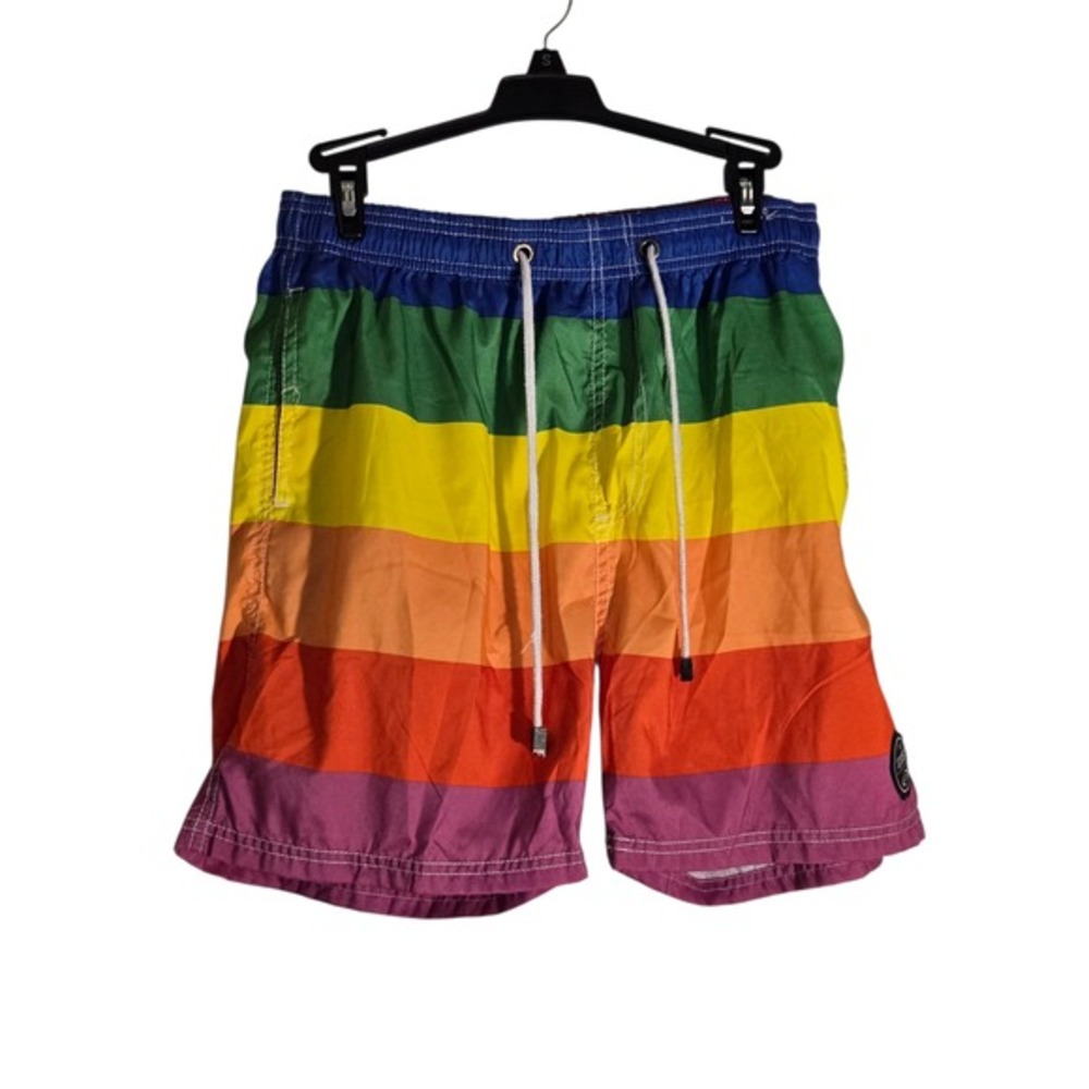 Exist Swim Mens Rainbow‎ Striped Board Shorts Mesh Lined Swim Trunks Medium
